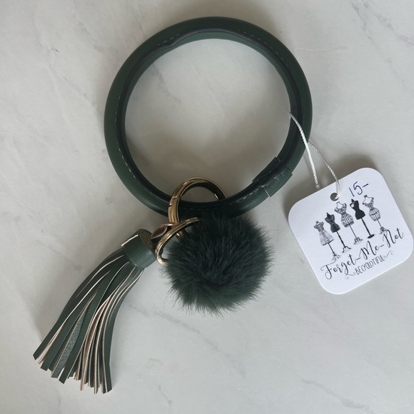 Green Leather Bracket Keychain with Pom - Picture 2 of 2